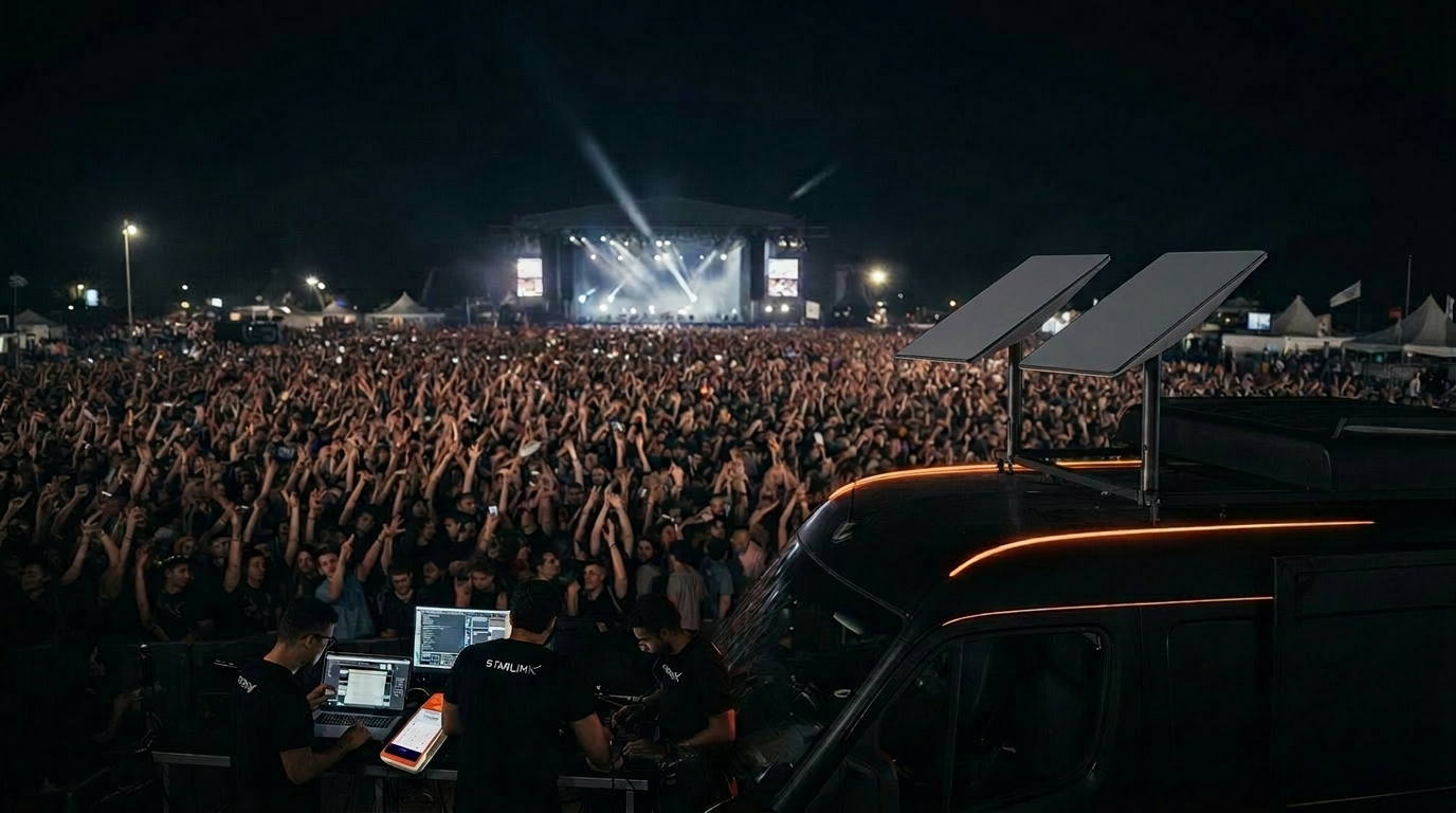 Festival nocturno operado pela ZPOS com unidade móvel Starlink no recinto